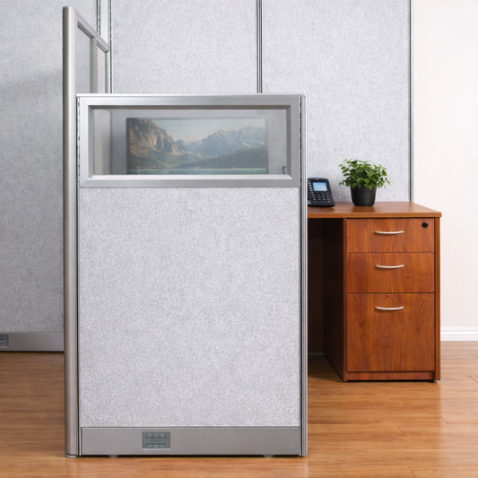 Office Partition Panel 30"W x 48"H – Fabric & Partial Glass – Grey – CLEARANCE