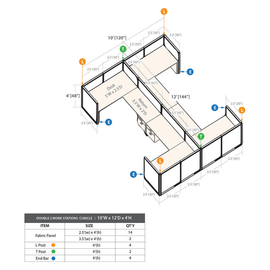 GOF Double 4 Person Workstation Cubicle (10'D x 12'W x 4'H)