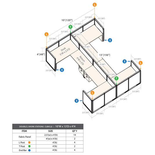 GOF Double 4 Person Workstation Cubicle (10'D x 13'W x 4'H)