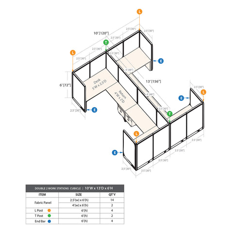 GOF Double 4 Person Workstation Cubicle (10'D x 13'W x 6'H)