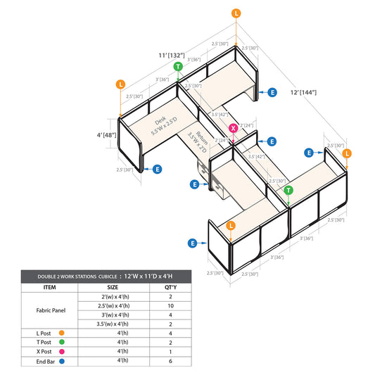 GOF Double 4 Person Separate Workstation Cubicle (11'D x 12'W x 4'H-W)