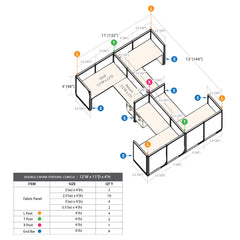 GOF Double 4 Person Separate Workstation Cubicle (11'D x 12'W x 4'H-W)