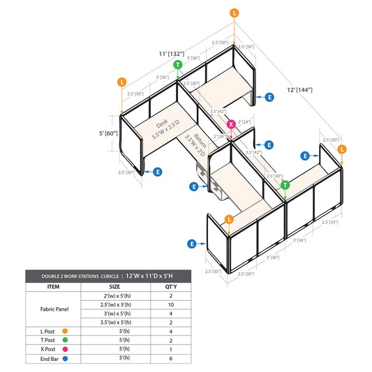 GOF Double 4 Person Separate Workstation Cubicle (11'D x 12'W x 5'H-W)