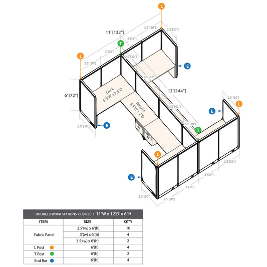 GOF Double 4 Person Workstation Cubicle (11'D x 12'W x 6'H)