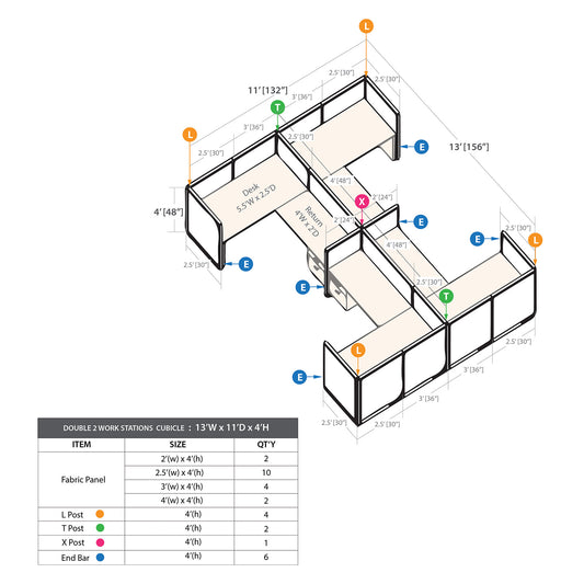 GOF Double 4 Person Separate Workstation Cubicle (11'D x 13'W x 4'H-W)