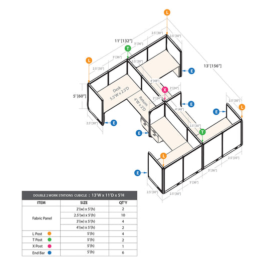 GOF Double 4 Person Separate Workstation Cubicle (11'D x 13'W x 5'H-W)
