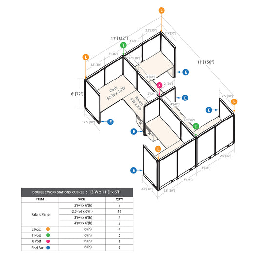 GOF Double 4 Person Separate Workstation Cubicle (11'D x 13'W x 6'H-W)