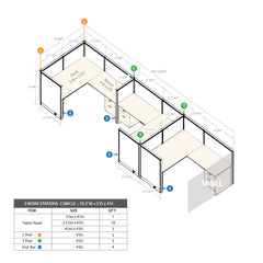 GOF 3 Person Separate Workstation Cubicle (5.5'D x 19.5'W x 4'H -W)