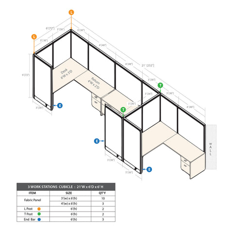 GOF 3 Person Workstation Cubicle (6'D  x 21'W x 6'H)