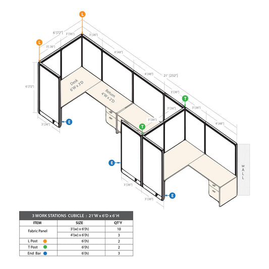 GOF 3 Person Workstation Cubicle (6'D  x 21'W x 6'H)