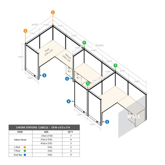 GOF 3 Person Separate Workstation Cubicle (6'D x 18'W x 5'H -W)
