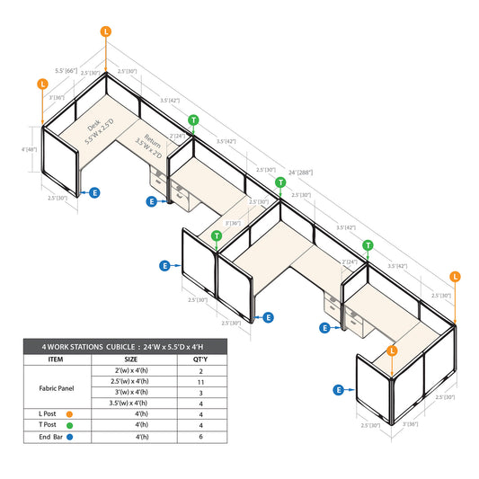 GOF 4 Person Separate Workstation Cubicle (5.5'D x 24'W x 4'H -W)