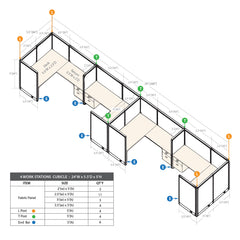 GOF 4 Person Separate Workstation Cubicle (5.5'D x 24'W x 5'H -W)