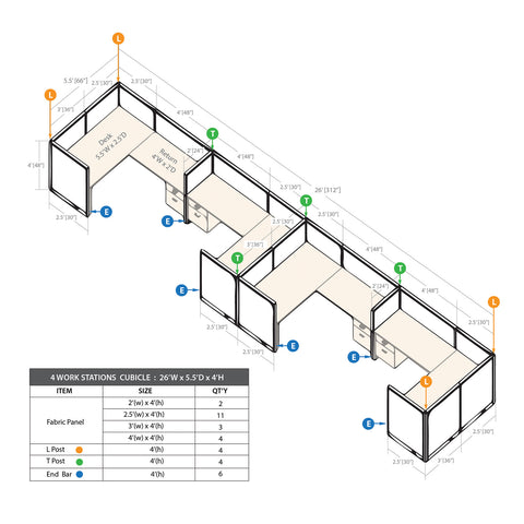 GOF 4 Person Separate Workstation Cubicle (5.5'D x 26'W x 4'H -W)