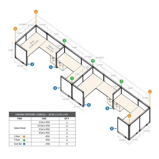 GOF 4 Person Separate Workstation Cubicle (5.5'D x 26'W x 4'H -W)
