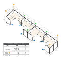 GOF 4 Person Separate Workstation Cubicle (5.5'D x 26'W x 4'H -W)