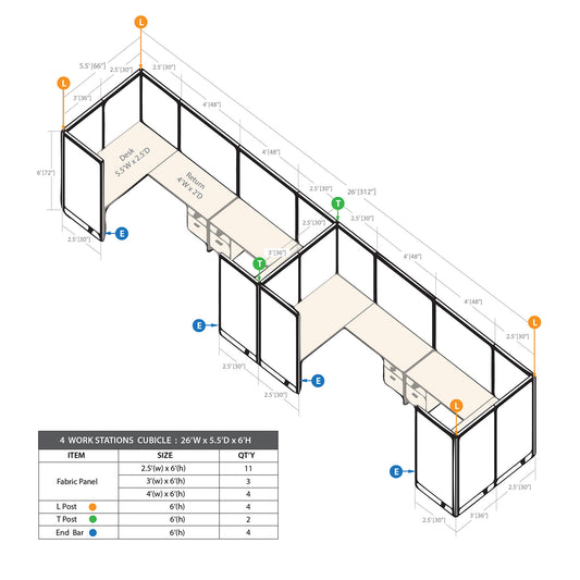 GOF 4 Person Workstation Cubicle (5.5'D  x 26'W x 6'H)