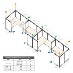 GOF 4 Person Separate Workstation Cubicle (5'D x 24'W x 6'H -W)