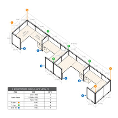 GOF 4 Person Separate Workstation Cubicle (5'D x 26'W x 4'H -W)