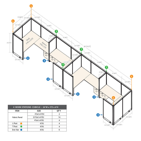 GOF 4 Person Separate Workstation Cubicle (5'D x 26'W x 6'H -W)