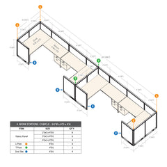 GOF 4 Person Workstation Cubicle (C-6'D  x 24'W x 4'H)