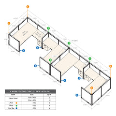 GOF 4 Person Separate Workstation Cubicle (6'D x 24'W x 4'H -W)