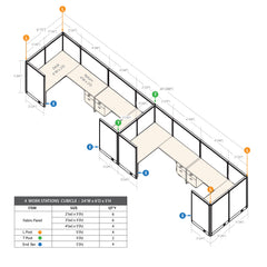 GOF 4 Person Workstation Cubicle (C-6'D  x 24'W x 5'H)