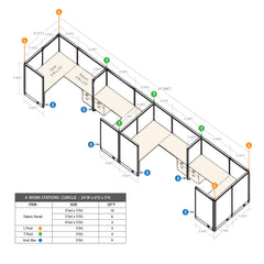 GOF 4 Person Separate Workstation Cubicle (C-6'D x 24'W x 5'H -W)