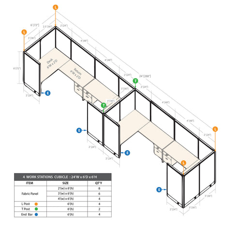 GOF 4 Person Workstation Cubicle (C-6'D  x 24'W x 6'H)