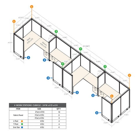 GOF 4 Person Separate Workstation Cubicle (C-6'D x 24'W x 6'H -W)