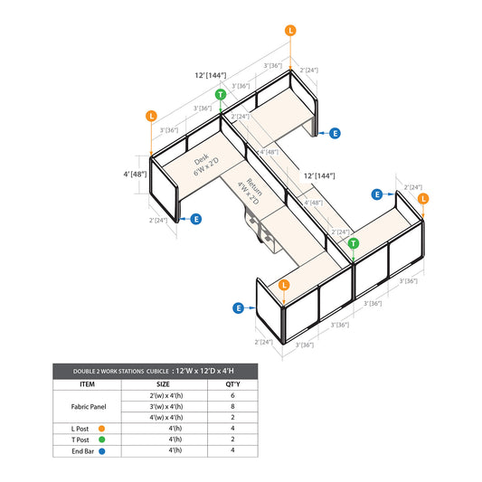 GOF Double 4 Person Workstation Cubicle (C-12'D x 12'W x 4'H)