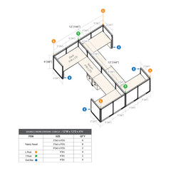 GOF Double 4 Person Workstation Cubicle (C-12'D x 12'W x 4'H)