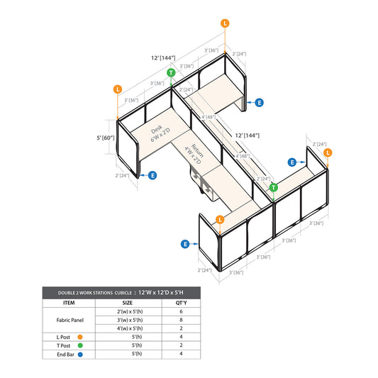 GOF Double 4 Person Workstation Cubicle (C-12'D x 12'W x 5'H)
