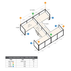 GOF Double 4 Person Workstation Cubicle (12'D x 12'W x 4'H)