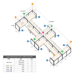 GOF Double 8 Person Workstation Cubicle (C-12'D x 24'W x 4'H)