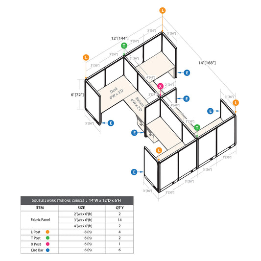 GOF Double 4 Person Separate Workstation Cubicle (12'D x 14'W x 6'H-W)