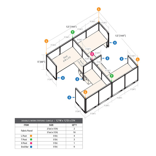 GOF Double 4 Person Separate Workstation Cubicle (12'D x 12'W x 5'H-W)