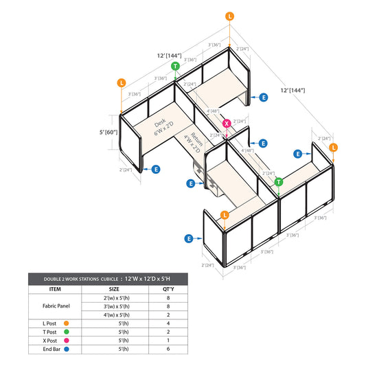 GOF Double 4 Person Separate Workstation Cubicle (C-12'D x 12'W x 5'H-W)
