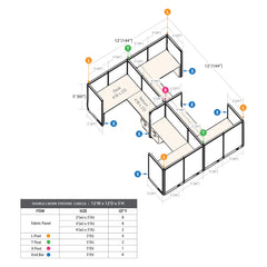 GOF Double 4 Person Separate Workstation Cubicle (C-12'D x 12'W x 5'H-W)