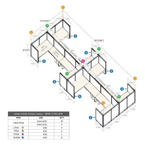 GOF Double 8 Person Workstation Cubicle (12'D x 28'W x 6'H)