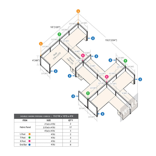 GOF Double 6 Person Separate Workstation Cubicle (10'D x 19.5'W x 4'H-W)