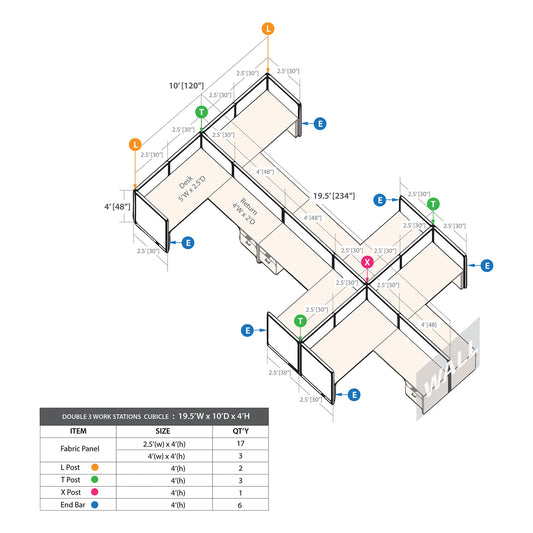 GOF Double 6 Person Workstation Cubicle (10'D x 19.5'W x 4'H)