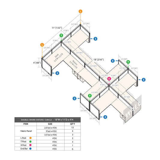 GOF Double 6 Person Workstation Cubicle (11'D x 18'W x 4'H)