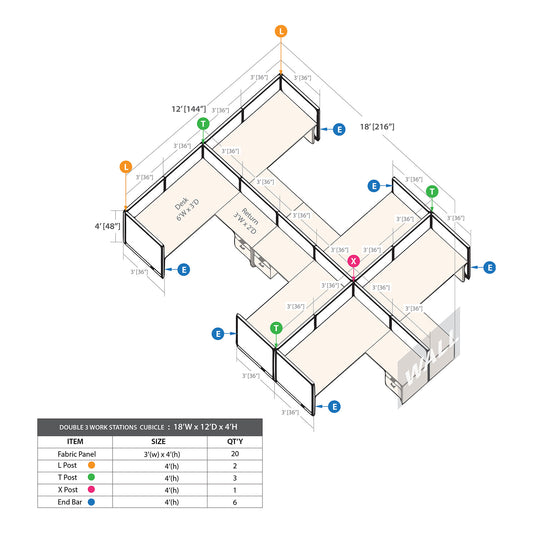GOF Double 6 Person Workstation Cubicle (12'D x 18'W x 4'H)