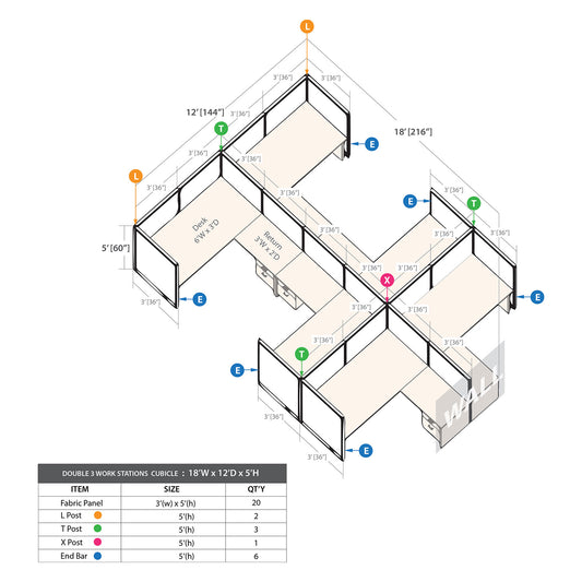 GOF Double 6 Person Workstation Cubicle (12'D x 18'W x 5'H)