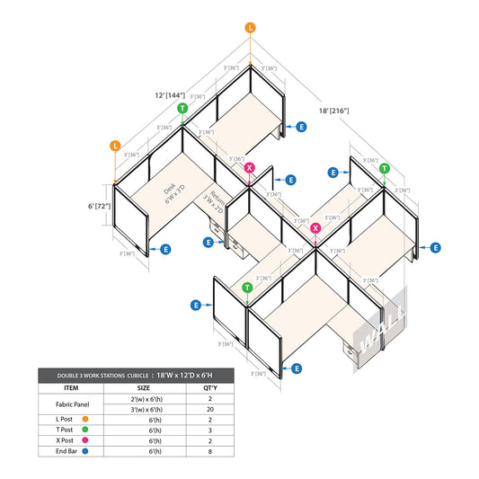 GOF Double 6 Person Separate Workstation Cubicle (12'D x 18'W x 6'H-W)