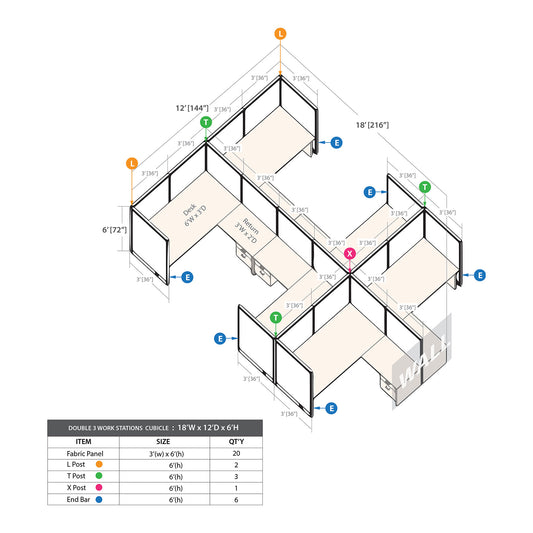 GOF Double 6 Person Workstation Cubicle (12'D x 18'W x 6'H)