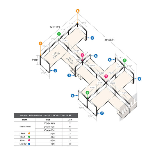 GOF Double 6 Person Separate Workstation Cubicle (12'D x 21'W x 4'H-W)
