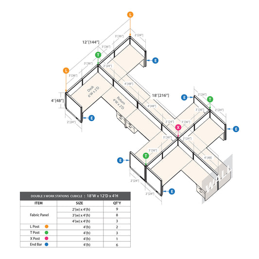 GOF Double 6 Person Workstation Cubicle (C-12'D x 18'W x 4'H)