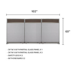 GOF 102"W x 48”/60”/72”H, Straight Line Freestanding Partial Glass Partition Package